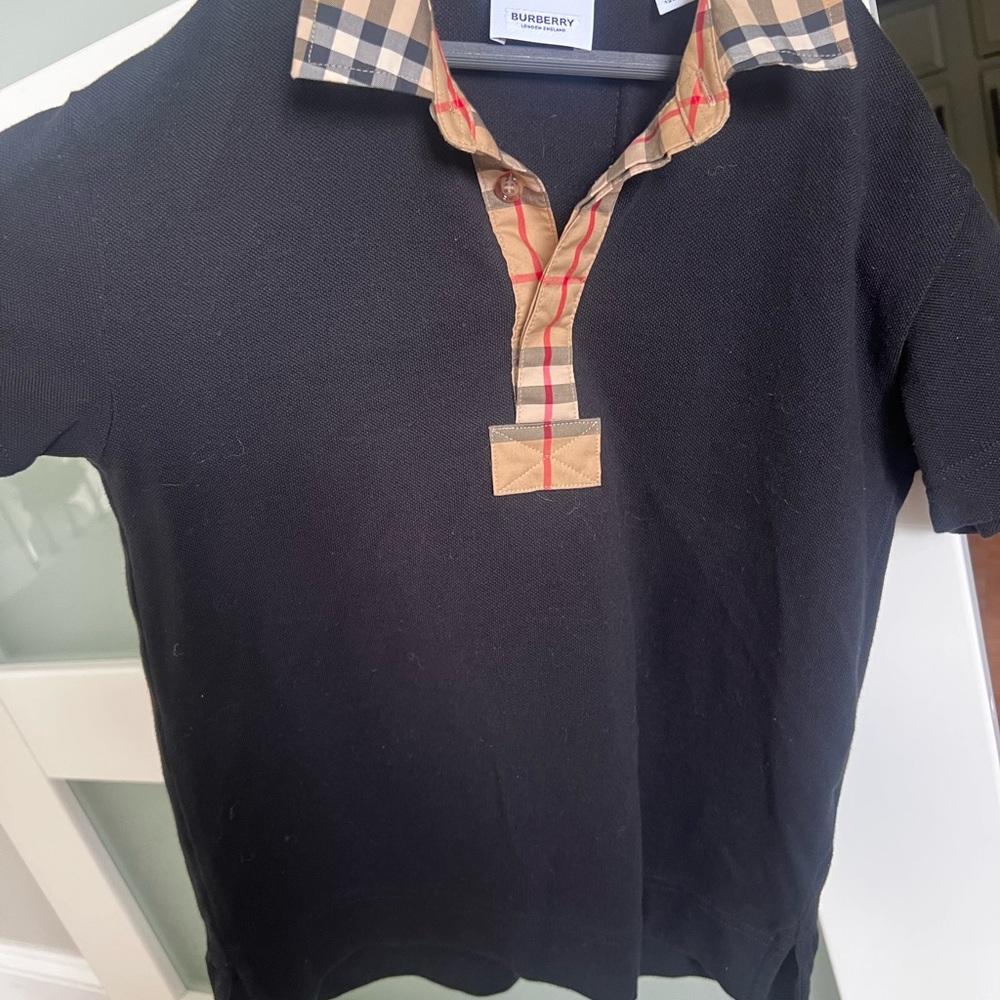Burberry Kids Polo with Check Collar - Black and Beige